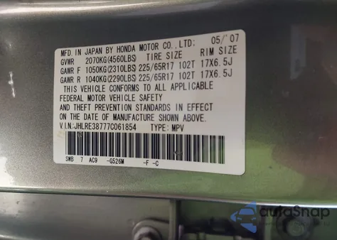 2007 Honda Cr-V Ex-L z USA, uszkodzony, nr VIN JHLRE38777C061854